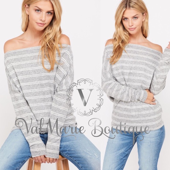 Grey striped off shoulder top - Picture 2 of 4